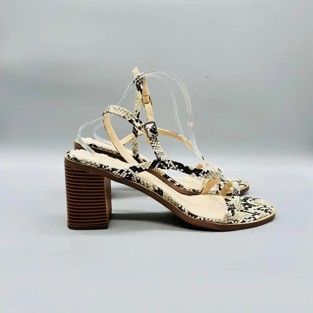 Halston Sandals Women 11 White Black Croc Vegan Leather Strappy Block Heel Shoes
